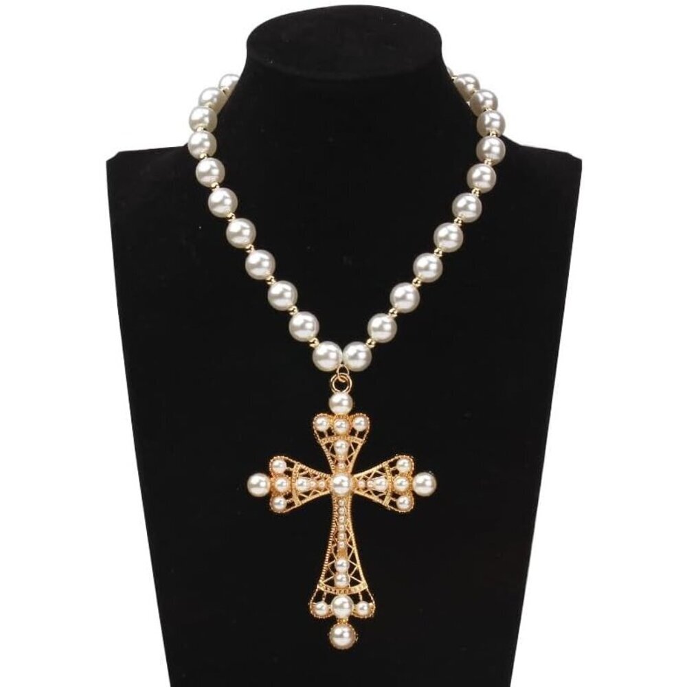 Women Punk Pearl Cross Necklace - Chunky Gothic Punk Vintage Cross Jewelry - Picture 4 of 8
